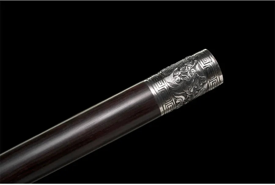 Chinese Staff Sword Folded Steel Damascus Blade Sharp Real Ebony Wood Scabbard Walking Stick Samurai Swords Silver Dragon Katana