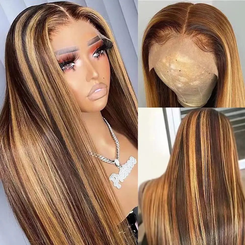Megeen 13X4 Transparent Lace Frontal Wig Highlight P4/27 Human Hair Honey Blonde Straight Lace Front Wig Colored Ombre Wigs Remy