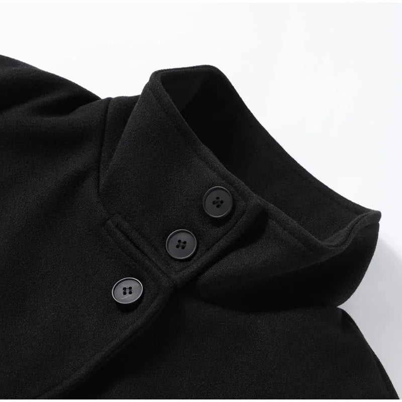 Urban Black Woolen Blend Coats Women Stand Collar Single-breasted Long Sleeve Thick Warm Jacket 2025 Autumn Winter Lady Outwear