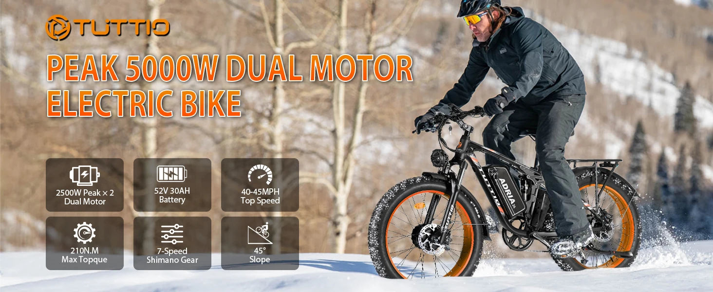 26 Dual Motor Electric Bike for Adults, 5000W Peak 210NM 40-46MPH Fast E-Bike, 52V 25AH Motorcycle, 32-90 Miles, 26