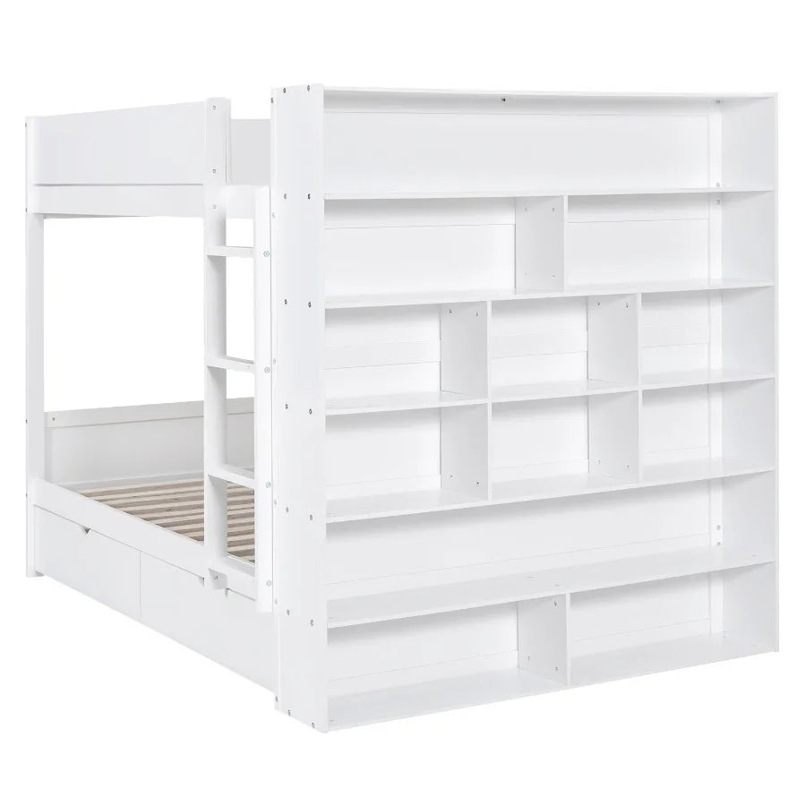 Full over Full Bunk Bed With 2 Drawers and Multi-layer Cabinet White