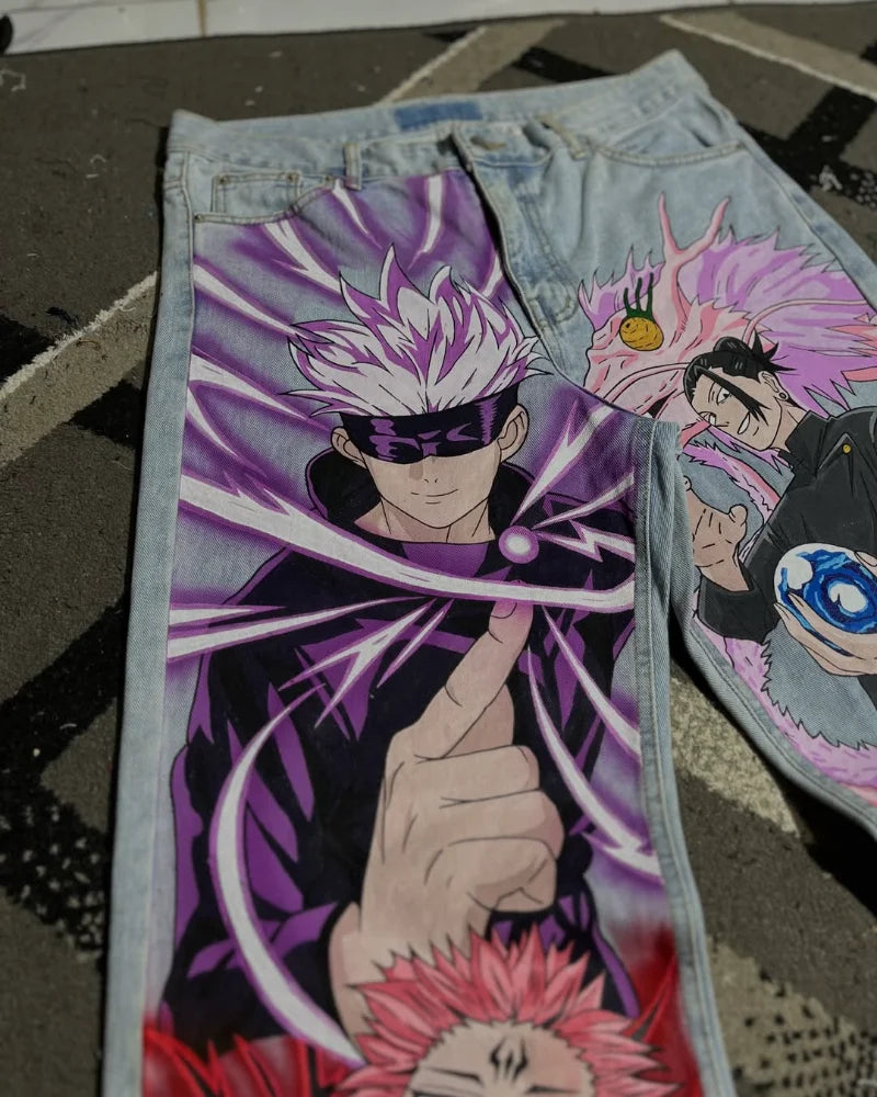 Y2K Vintage Harajuku Anime Graphic Jean Streetwear Retro Japanese Cartoon Print Loose Fit Denim Pants High Street Men Women Jean