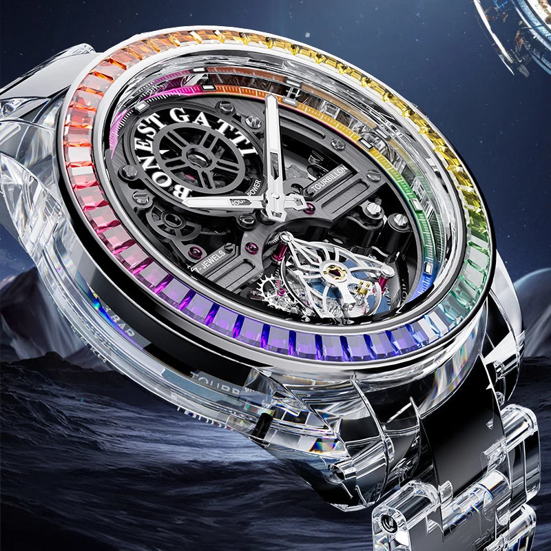 BONEST GATTI luxury Full Skeleton Automatic Mechanical Watch Sapphire Back 48 Rainbow Diamonds Luminous Luxury Wristwatch Men