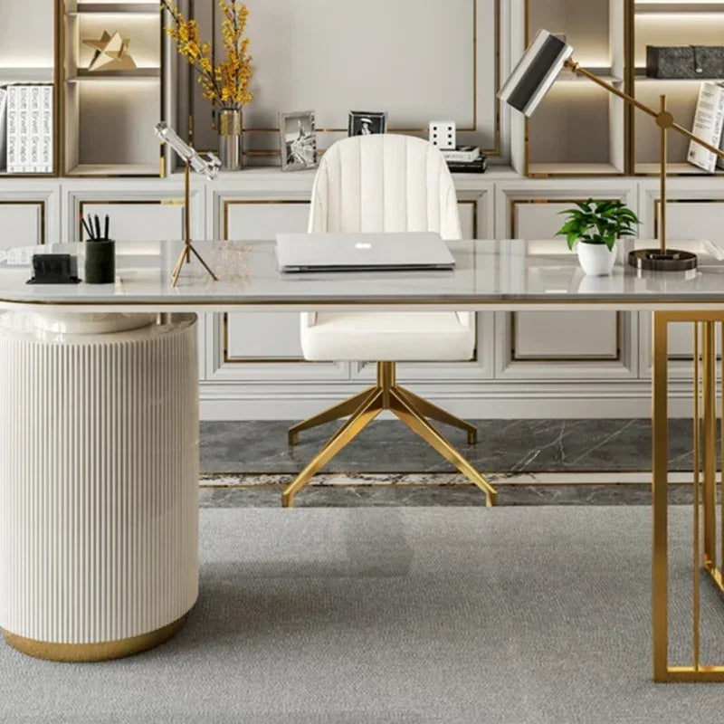 Modern White Executive Office Desk Wooden Computer Table with Gold Metal Legs Home Office Study Writing Workstation