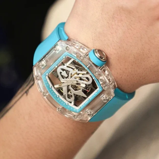 CRONUSART Men Automatic Watch 50mm Tonneau Mechanical Wristwatch Sapphire Case & Mirror Luminous Fluororubber Strap Skeleton