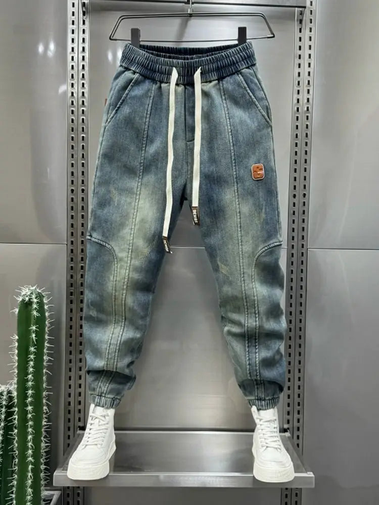 Retro stitching blue classic jeans fashion street harem pants top designer brand men clothing