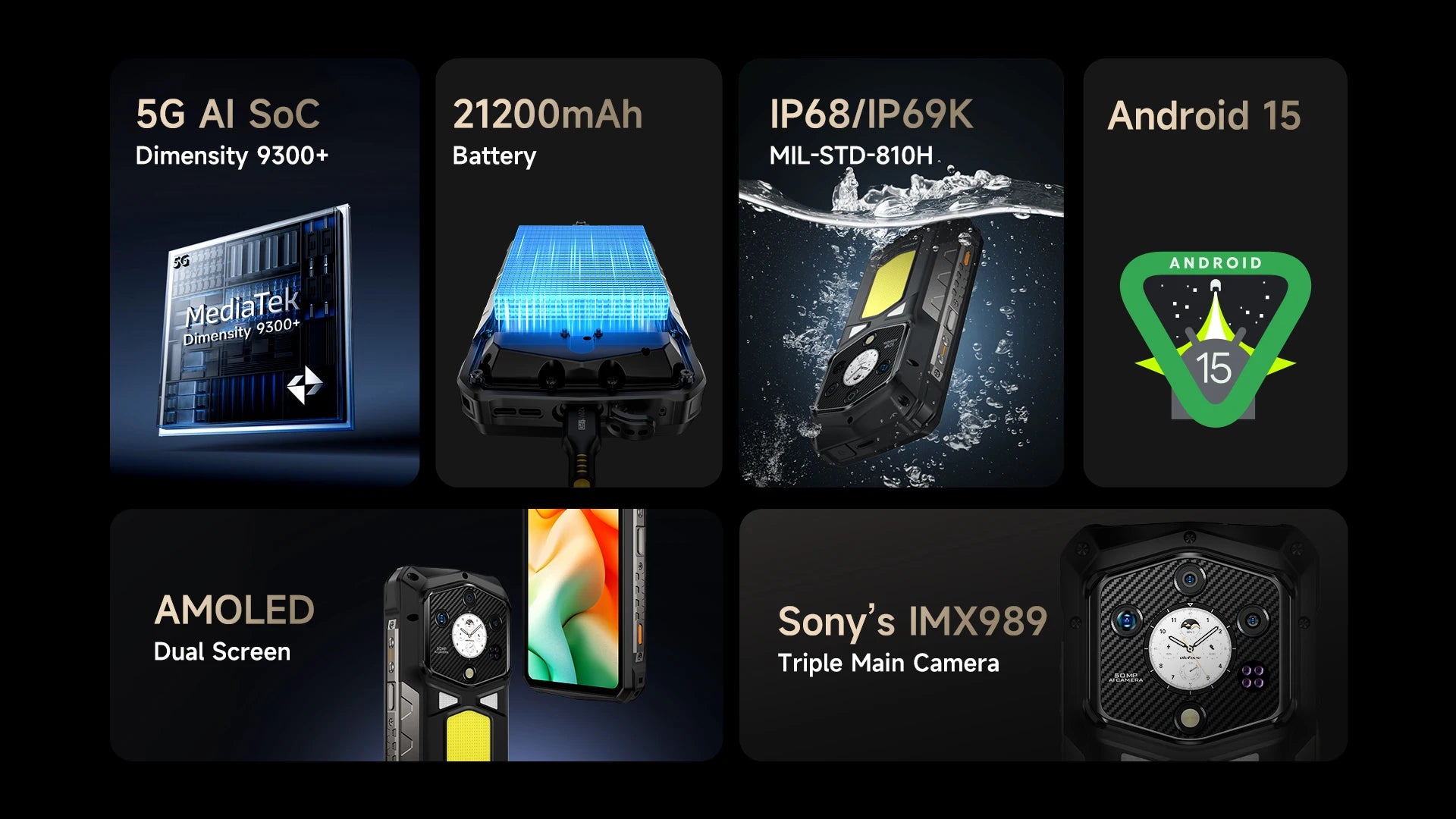 Ulefone Armor 29 Ultra 5G AI Rugged Phone Dual Screen Dimensity 9300+21200mAh 120Hz 1TB ROM 64MP, NFC, Android 15 Smartphone