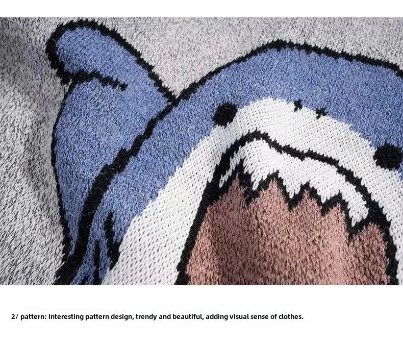 Autumn/Winter Japanese Cartoon Shark Round Neck Couple Sweater Men's Trendy Brand Loose-Fit Korean Knitted Top Hong Kong Style
