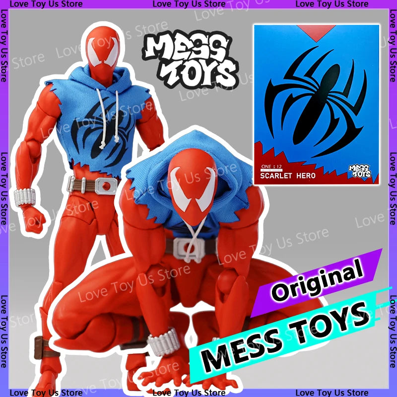 Original Mess Toys Scale Spider Man Action Figures Kids Toy Mafex ML Scarlet Spiderman in Vest & Hoodie Cloth Outfit Model Gift