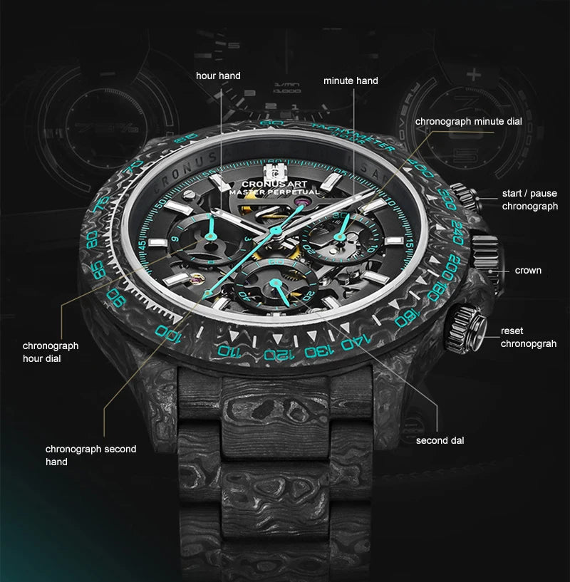 CRONUSART Men Chronograph Watch 42mm Automatic Mechanical Wristwatch Carbonfiber Case & Bracelet Luminous Sapphire Skeleton Dial