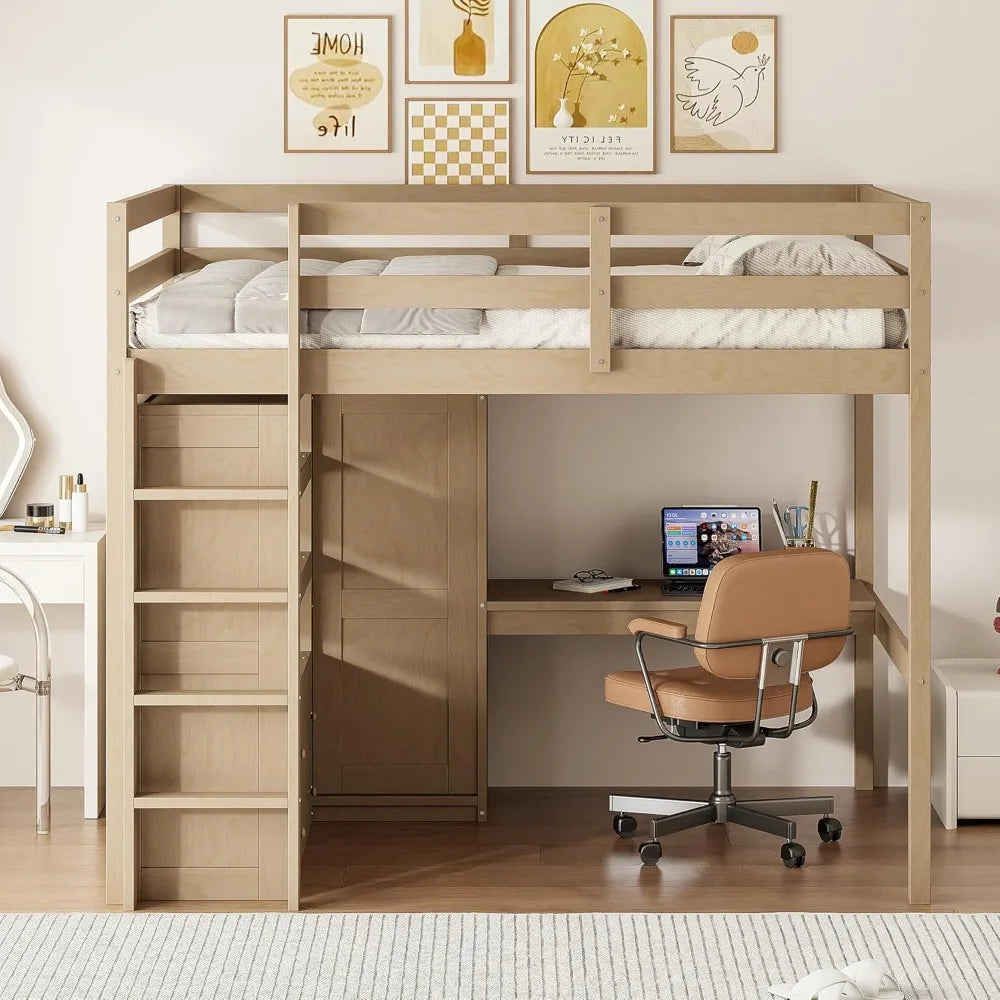 Full Size Loft Bed with Desk, Wardrobe, Drawers & Shelves - Space-Saving Wooden Frame for Kids Teens Adults
