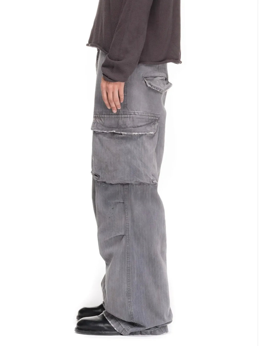 No faith studios herringbone twill grey ripped patch paint multi-pocket overalls