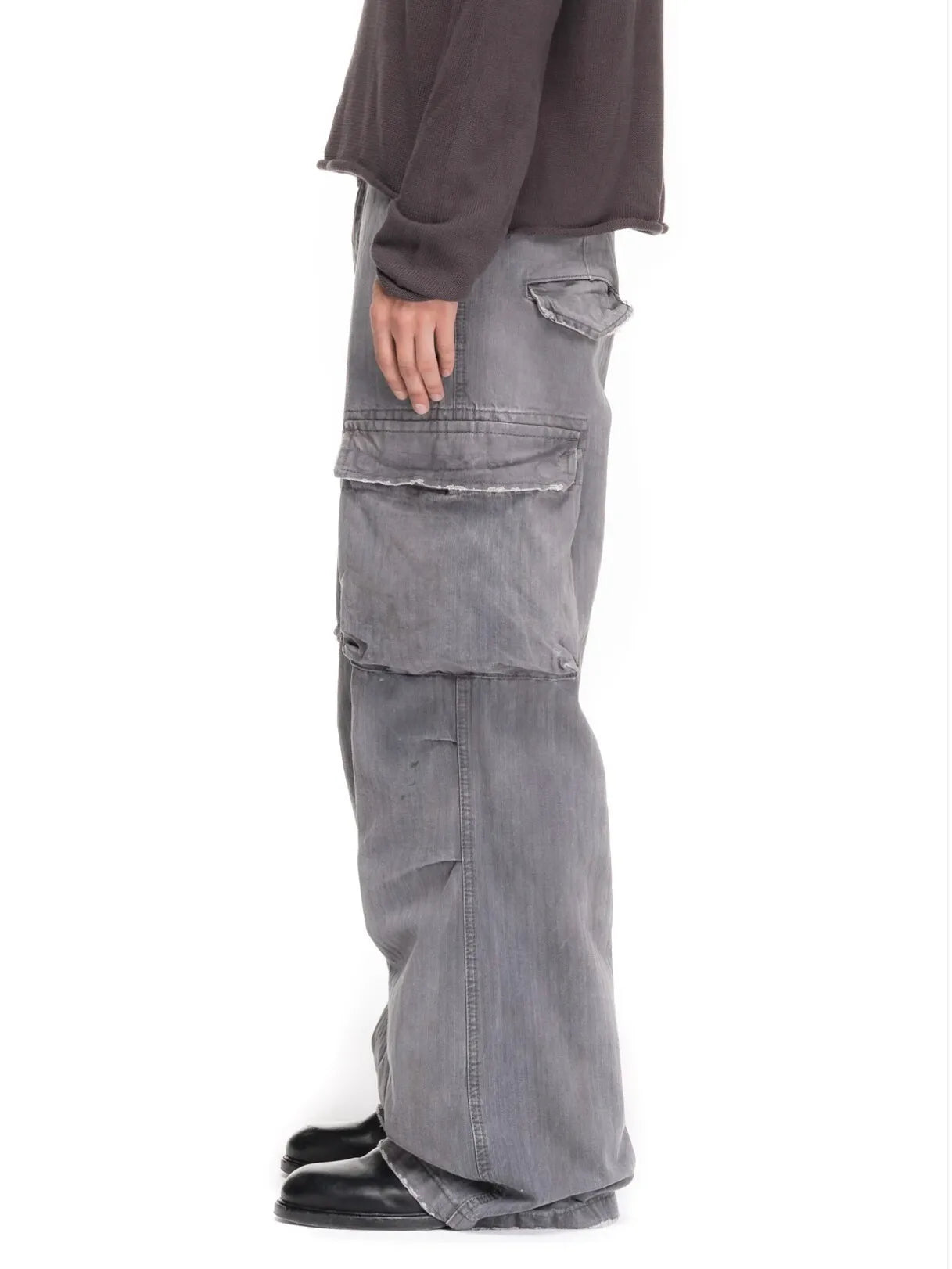 No faith studios herringbone twill grey ripped patch paint multi-pocket overalls