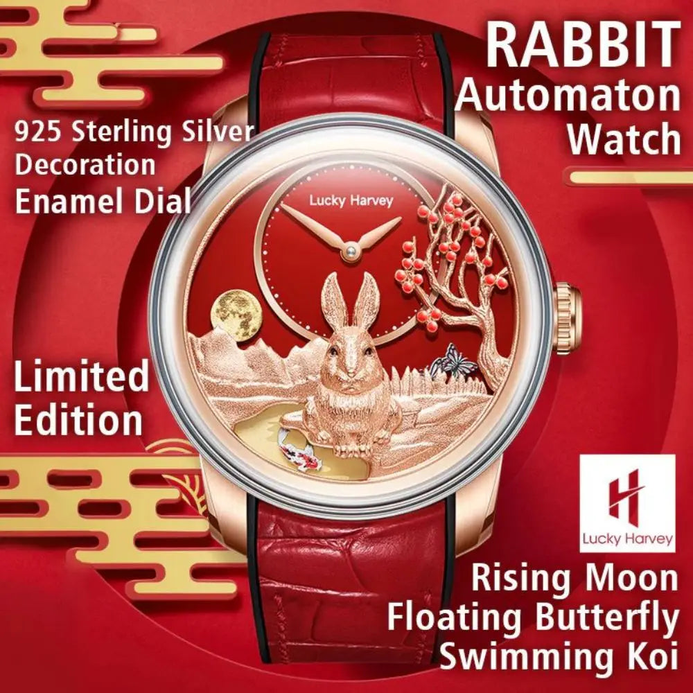 Lucky Harvey Limited Edition Automatic Mechanical Watches for Men Cute 3D Rabbit Dial Synthetic Sapphire Waterproof Wrist Watch