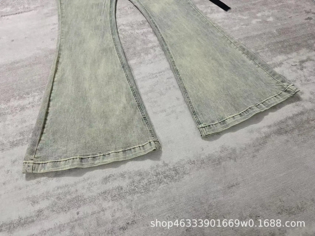 Rick RO Vintage Washed Wide Leg Skinny Jeans with Built-Up Floor-Length and Distressed Details and Cat-Fur Style Denim Pants