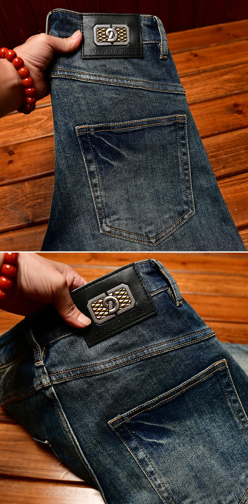 Fashionable high-end jeans for men, slim fit, small feet, washed retro patchwork design, trendy and luxurious men's pants