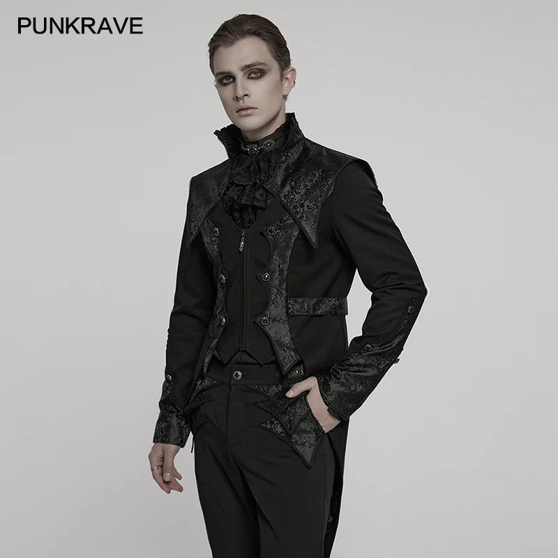 PUNK RAVE Men's Gothic Textured Jacquard Luxury Gentleman Tuxedo Handsome Stand Up Collar Cloud Shoulder Style Elegant Jacket