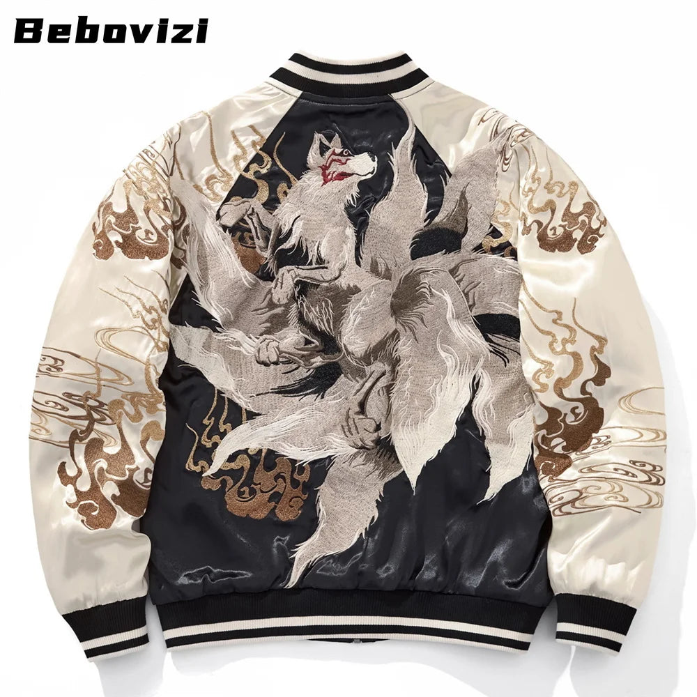 High Quality Fashion Anime Fox Embroidered Zipper Jacket Autumn Streetwear Hip Hop Men's Harajuku Japanese Baseball Coat