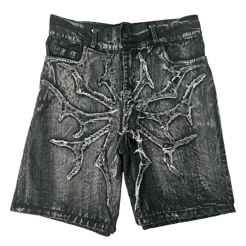 Goth Retro Men Baggy Unisex Short Pants Y2K Phantom Jeans High Street Spider Embroidered Patch Hip Hop Streetwear Straight Jeans