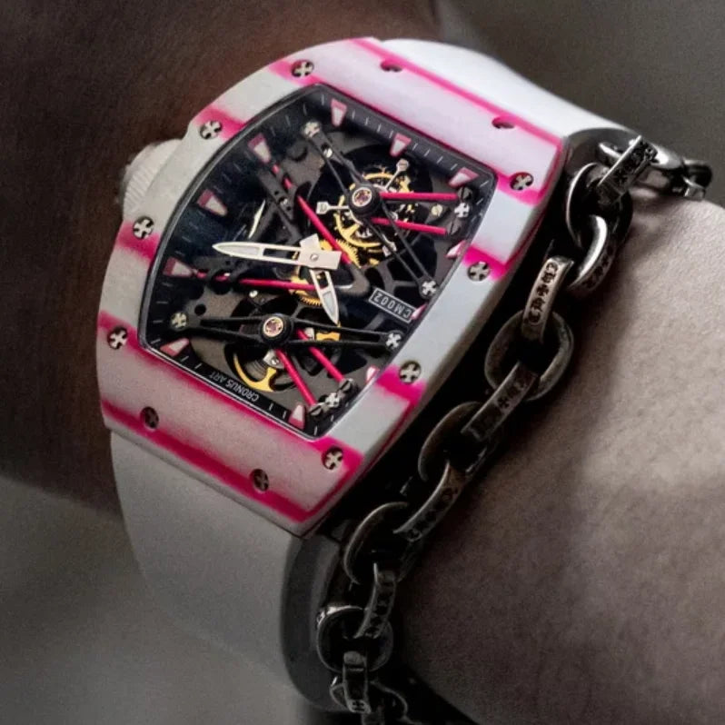 CRONUSART Men Tourbillon Watch Tonneau 50mm Mechanical Wristwatch Carbon Fiber Luminous Skeleton Dial Sapphire Mirror