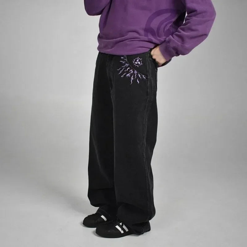 Y2K Baggy Jeans Men Anime Patterns Goth Hip Hop Pants Retro Harajuku Fashion Streetwear Wide Leg Jeans Aesthetic Casual Trousers