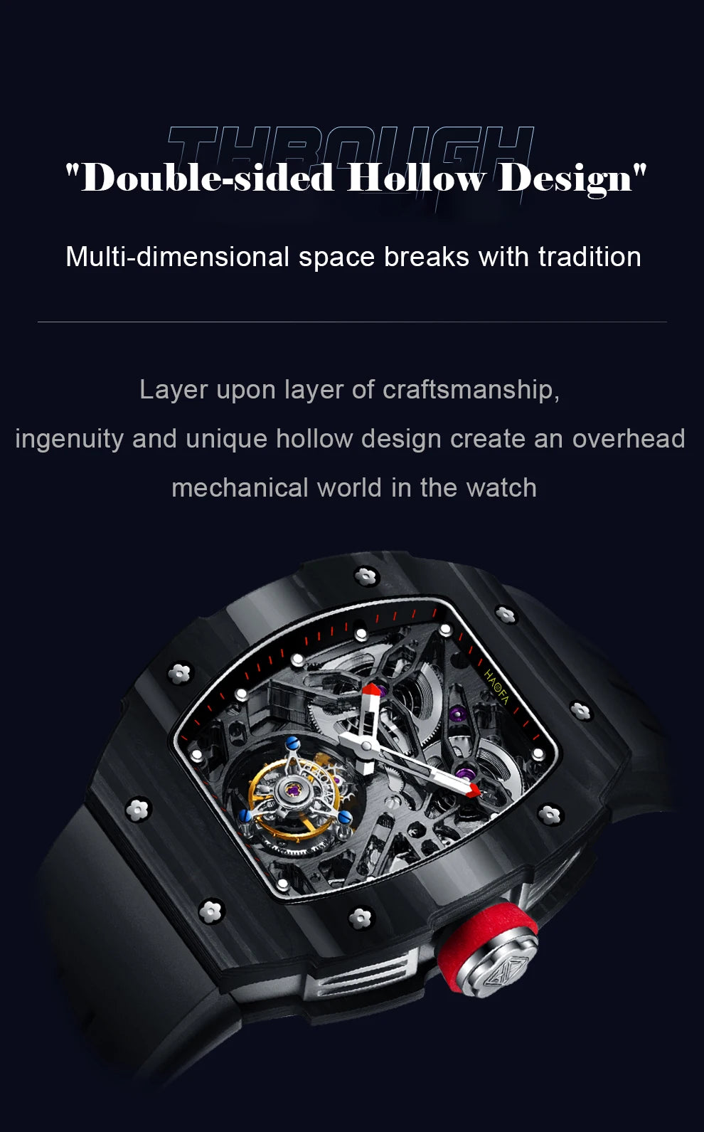 Haofa Automatic Tourbillon Watch Men Carbon Fiber Hollow Movement Luminous Sapphire Crystal Mechanical Man Watches Luxury 1901-1