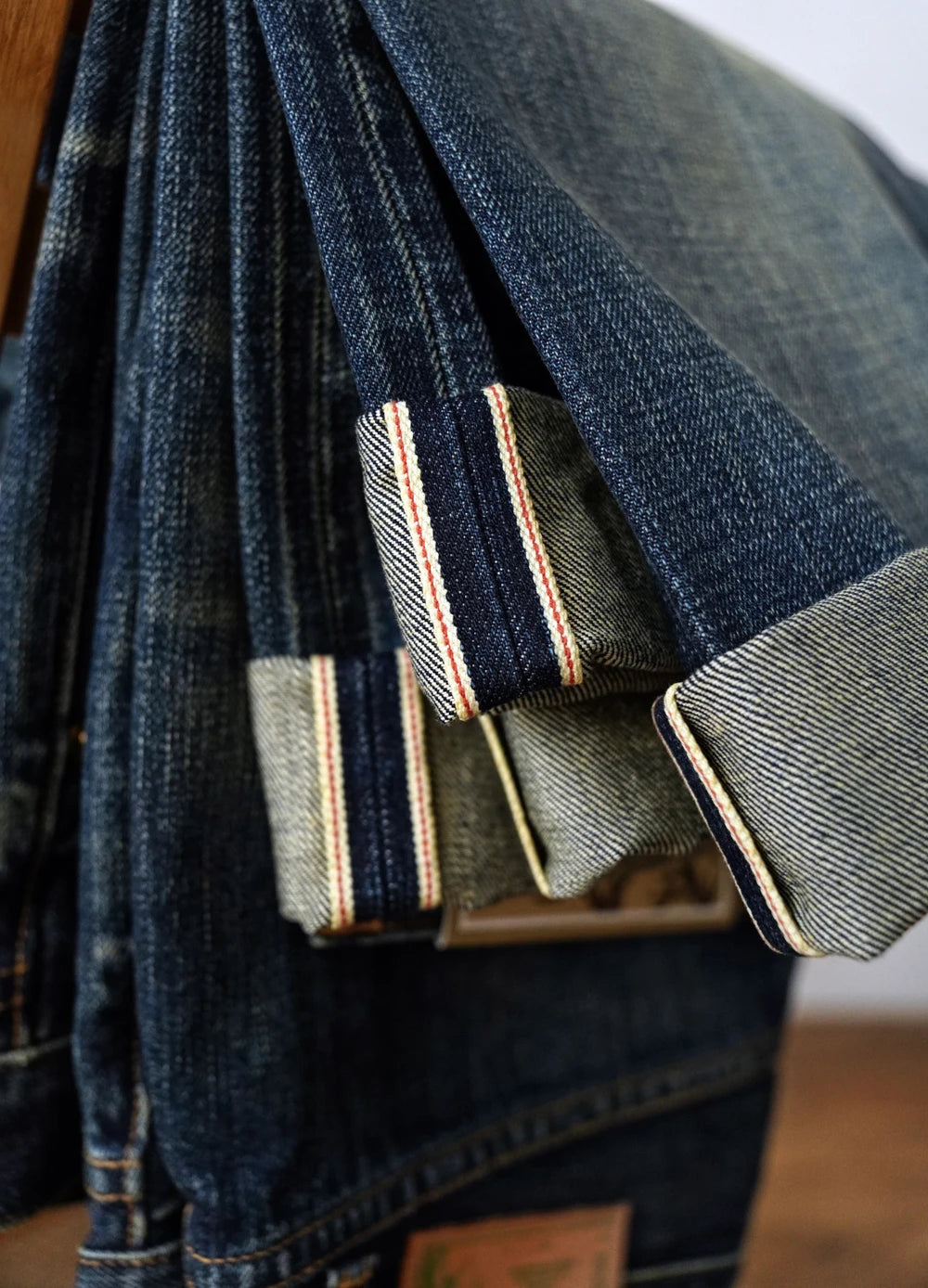 Sauce zhan Bamboo shaped yarn Mens Jeans Selvedge Denim Jeans Distressed Wash jeans for men Straight Fit 14 Oz