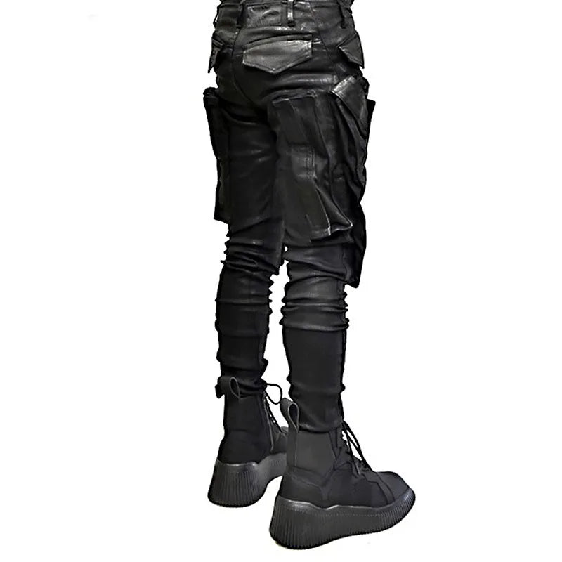 Dark Multi Pockets Function Cargo Pants Slim Fit Elastic Casual Joggers Trousers Men