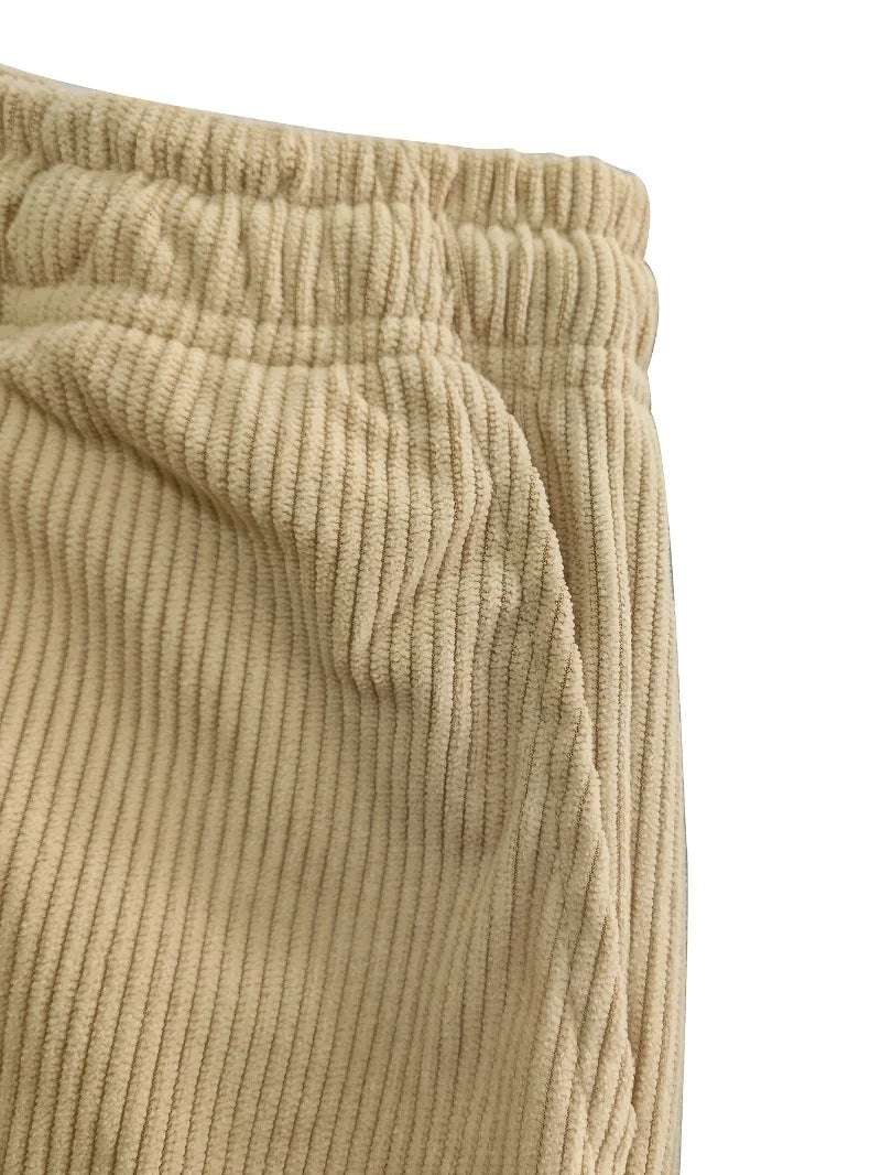 Women's Corduroy Pants Texture Straight-Leg Trousers with Drawstring Waist & White Piping - All-Season Casual to Semi-Formal