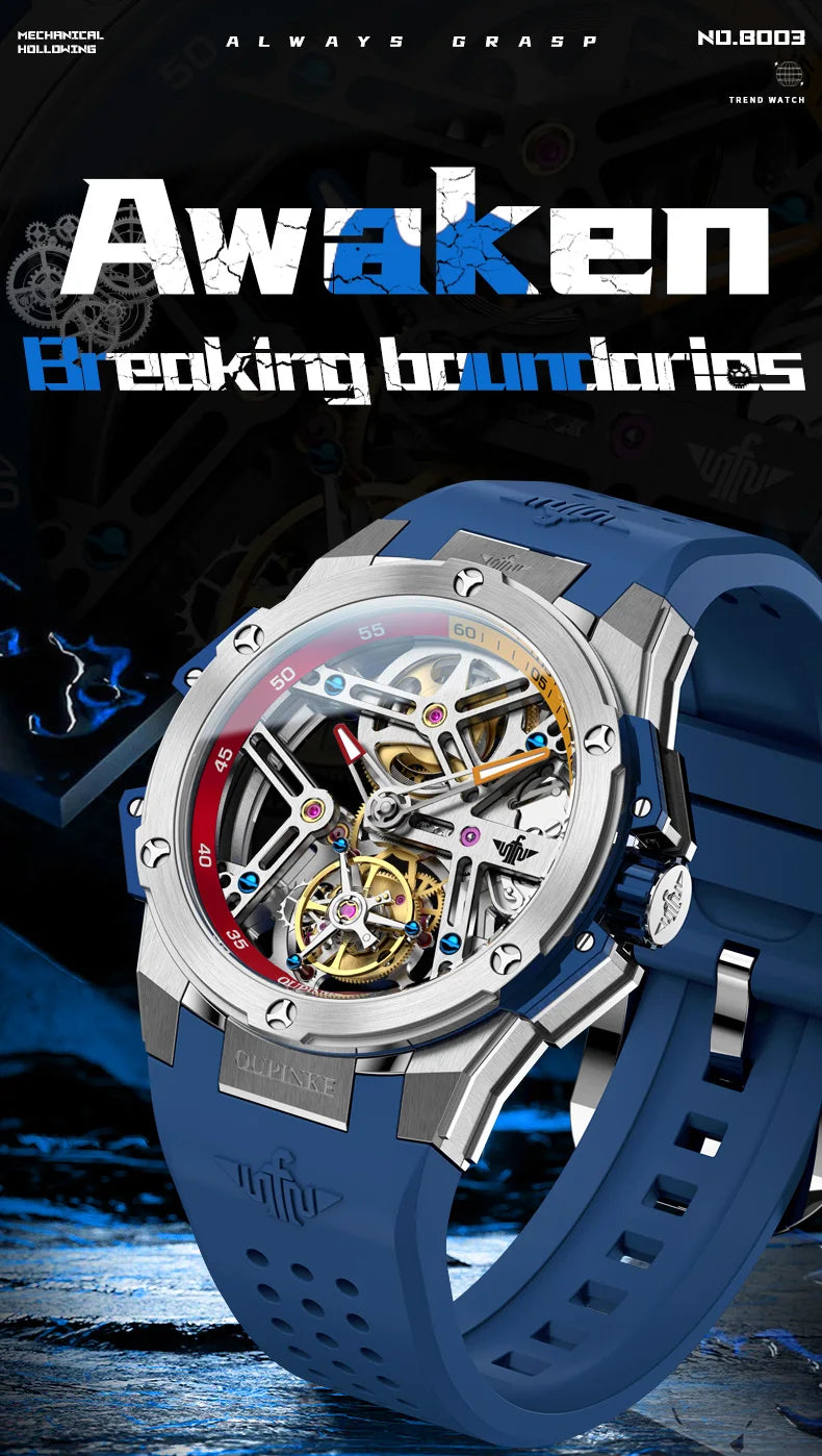 OUPINKE 8003 Tourbillon Watch Luxury Brand Automatic Mechanical Watch Original Waterproof Silicone Men's Watch Reloj Hombres