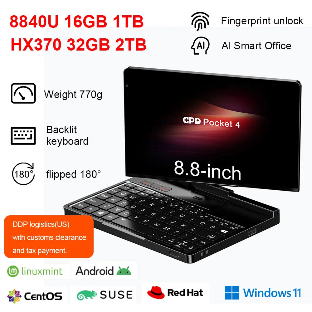 Hot Original GPD Pocket 4 8.8-inch AMD AI 9 HX 370 64GB RAM Portable Mini PC 2TB NVMe flipped 180° Laptop Computer for business
