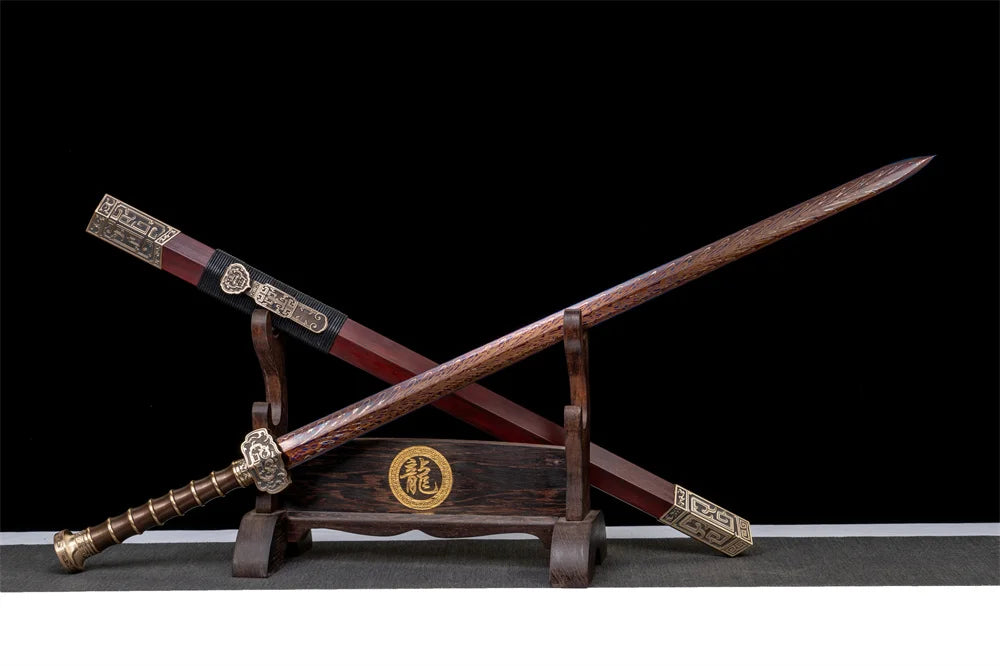 Very Good Chinese Jian Han-Jian Sword Handmade Feather Pattern Damascus Steel Blade Full Tang Ebony Sheath Copper Brass Fittings