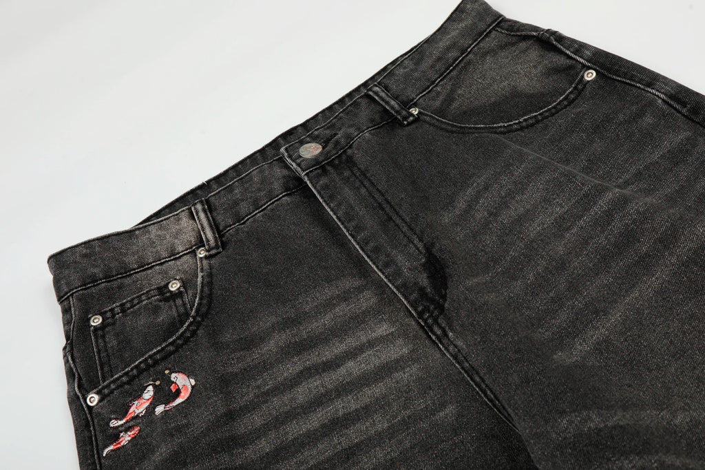 Cartoon Anime Embroidered Wide Leg Straight Leg Jeans American Style Trendy High Street Men's Jeans Casual Comfortable Fit