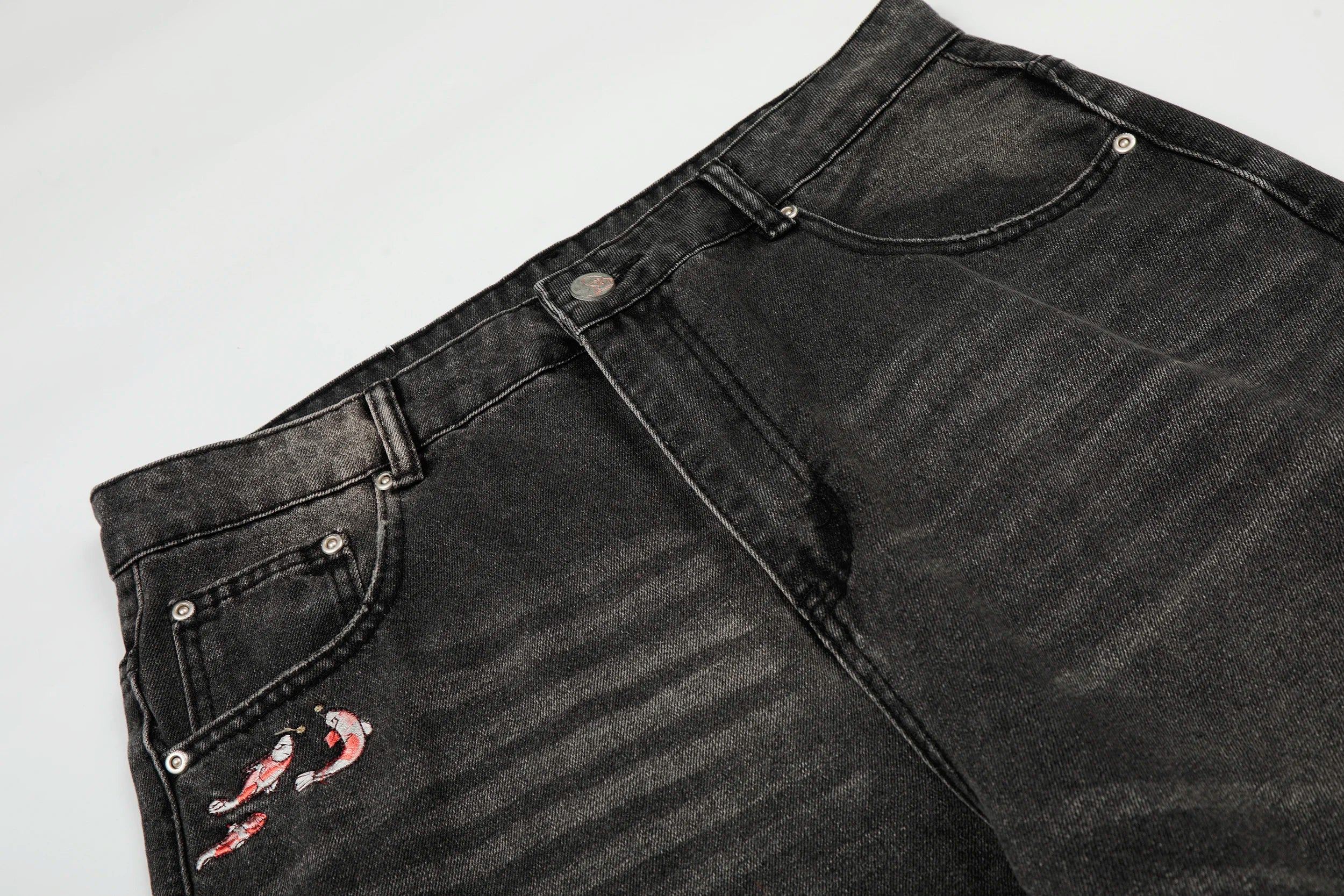 Cartoon Anime Embroidered Wide Leg Straight Leg Jeans American Style Trendy High Street Men's Jeans Casual Comfortable Fit