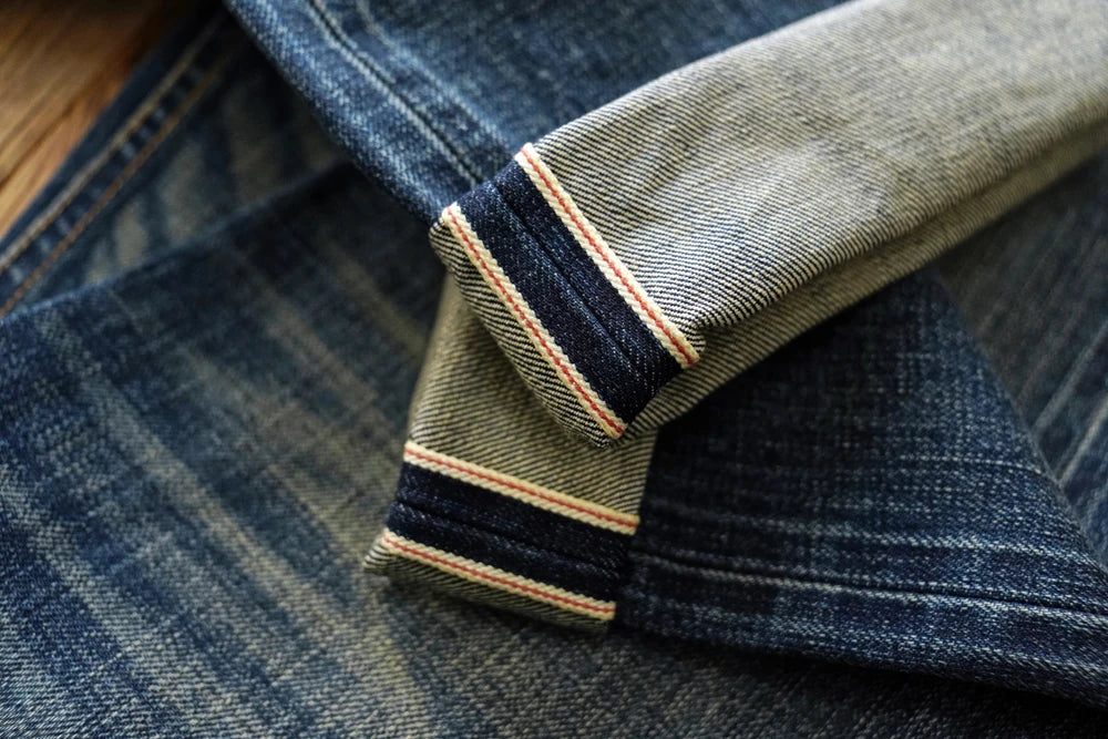 Sauce zhan Bamboo shaped yarn Mens Jeans Selvedge Denim Jeans Distressed Wash jeans for men Straight Fit 14 Oz