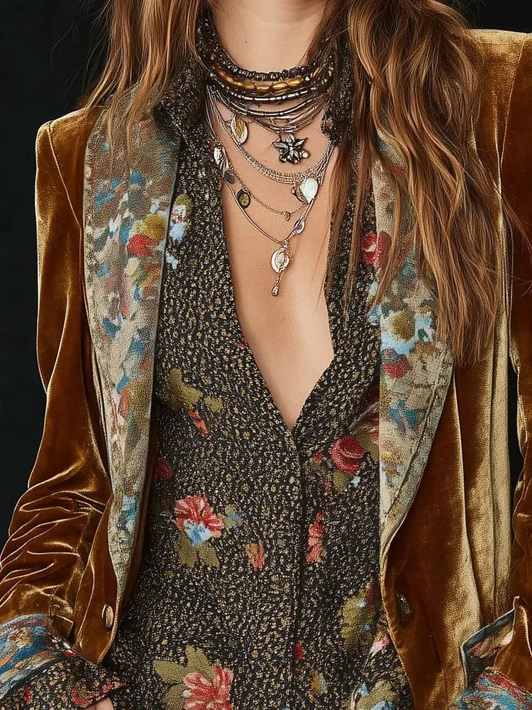 Elegant Velvet Blazer for Women Single Button Lapel Female Blazer Jacket Slim Fit Floral Pattern Outerwear Coat Autumn Winter