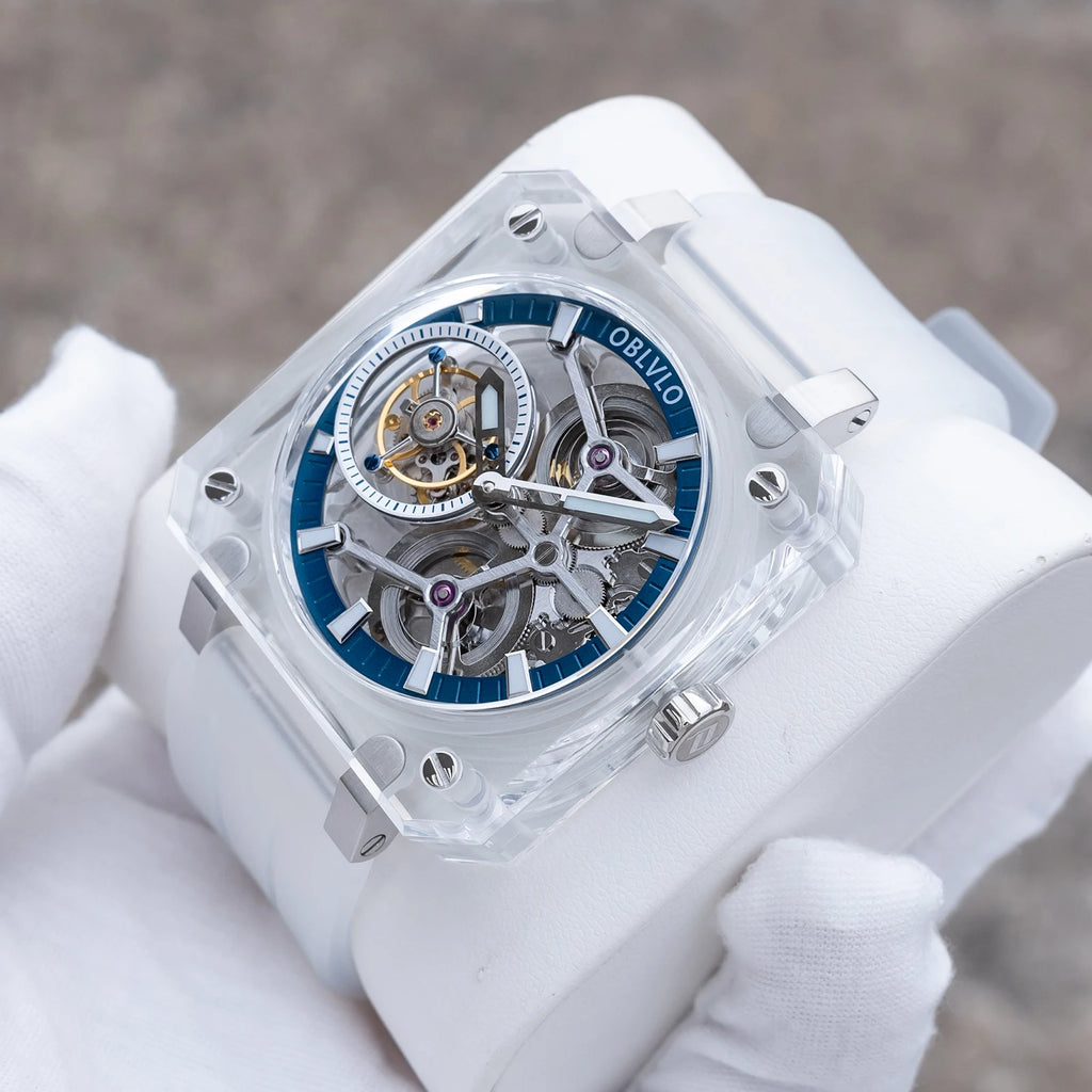 OBLVLO Men's Blue Skeleton Dial Tourbillon Automatic Watch Transparent Square Analog Display And Hollow-out Design BR-TB