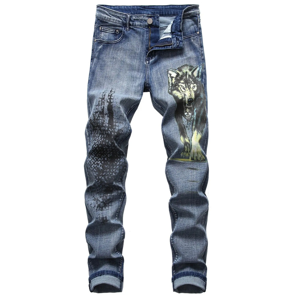 2026 Men's Blue 3D Printing Jeans, Black Wolf Pattern Printed Punk Straight Cotton Casual Print Denim Pants Asian Size 28-42