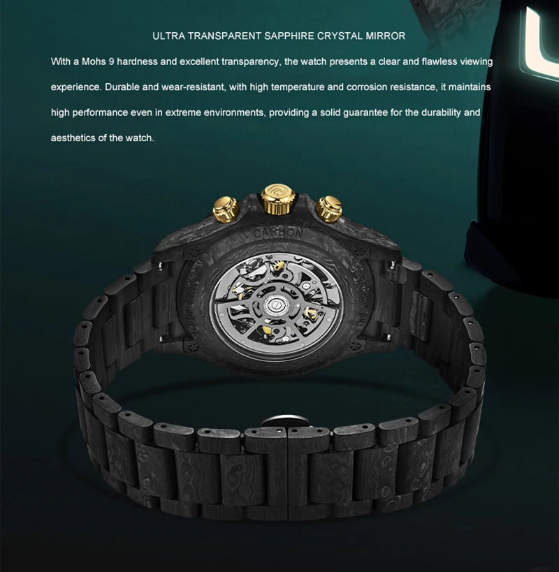 CRONUSART Men Chronograph Watch 42mm Automatic Mechanical Wristwatch Carbonfiber Case & Bracelet Luminous Sapphire Skeleton Dial