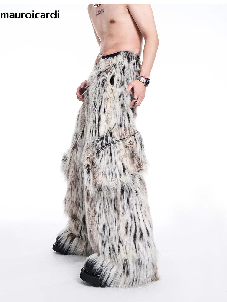 Mauroicardi Autumn Winter Long Colorful Thick Warm Hairy Fluffy Faux Fur Wide Leg Pants Men Pockets Runway Fashion Streetwear