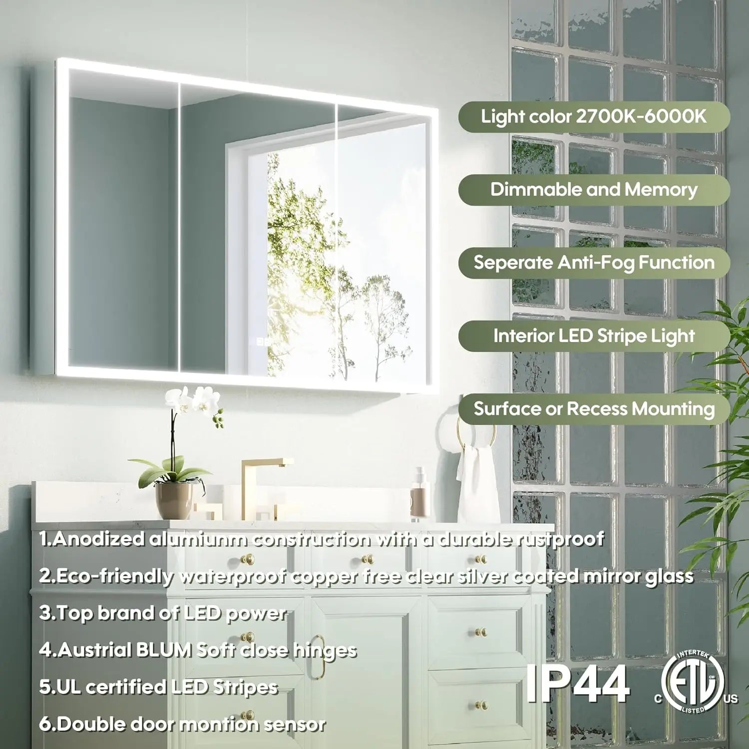 48" X 30" LED Medicine Cabinet with Mirror, 3X Magnifiying Mirror Cabinet, Defogging/Dimmable Bathroom Mirrored, Customized