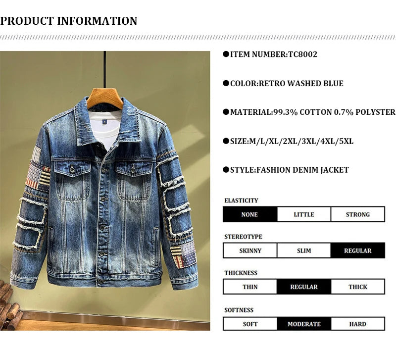 Streetwear Fashion Men Jacket High Quality Retro Blue Patched Designer Ripped Denim Jacket Men Coats Hip Hop Chaquetas Hombre