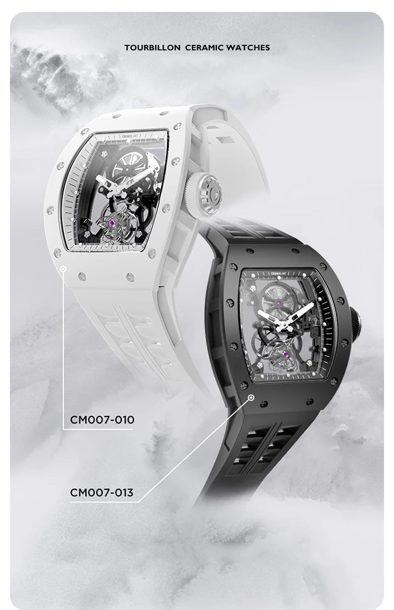 CRONUSART Men Tourbillon Watch Tonneau Mechanical Wristwatch 5Bar Ceramic Case Luminous Fluororubber Strap Sapphire Mirror