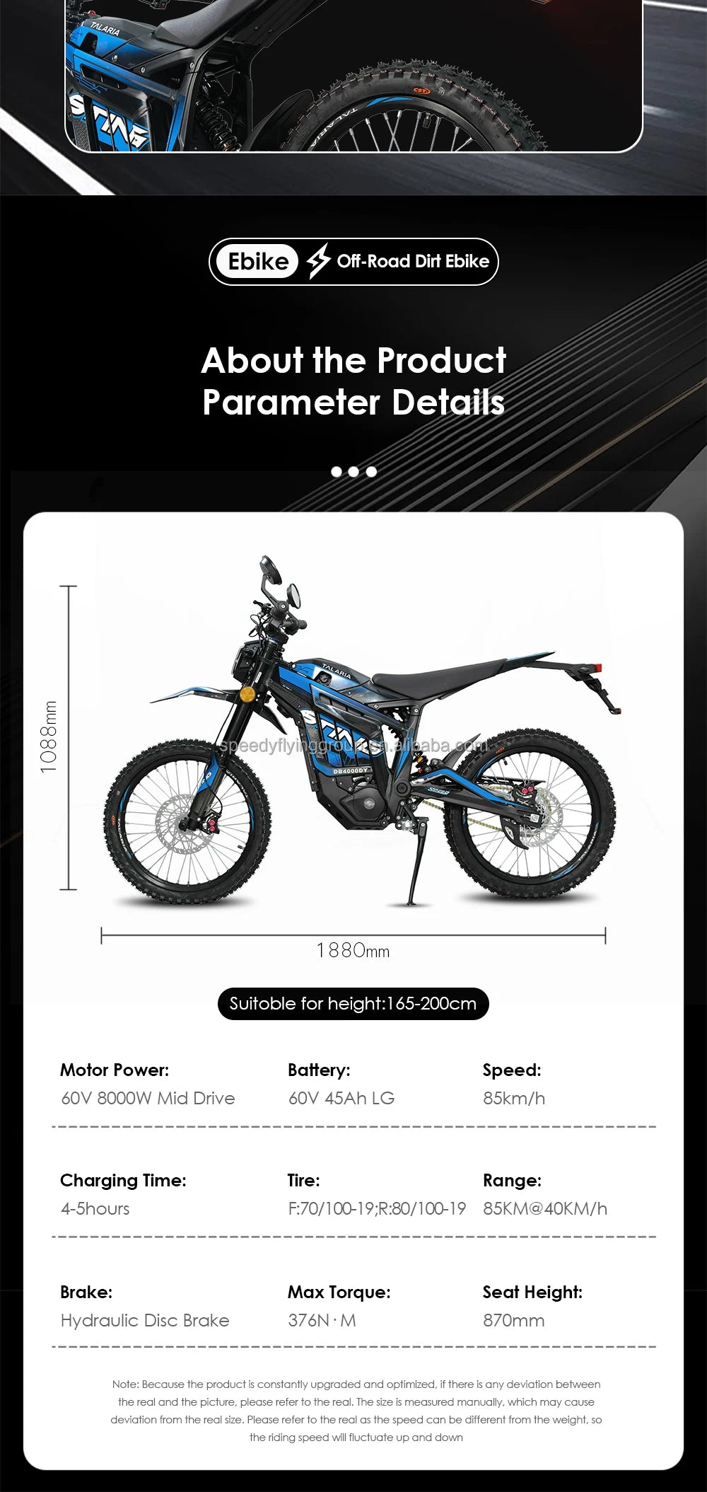 TALARIA 60V 8000W Middrive Ebike 45AH Powerful E Dirt Bike 2024 Fashion Electric Dirt Bike Adult Off-Road Motorcycle Road Legal