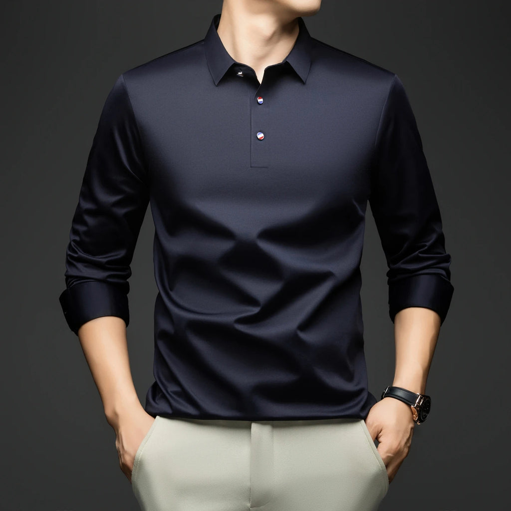 BROWON 2025 Spring Autumn Casual Work Tops Man Tshirt Long Sleeve Solid Color Soft Elegant Business Mulberry Silk T Shirt Man