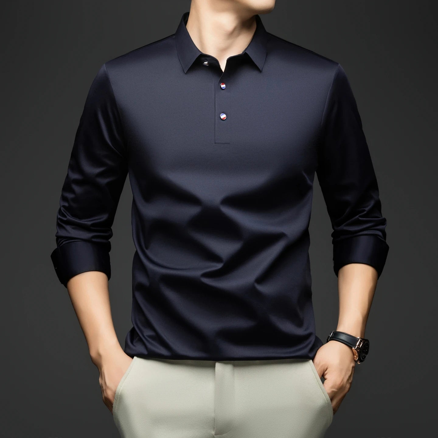 BROWON 2025 Spring Autumn Casual Work Tops Man Tshirt Long Sleeve Solid Color Soft Elegant Business Mulberry Silk T Shirt Man