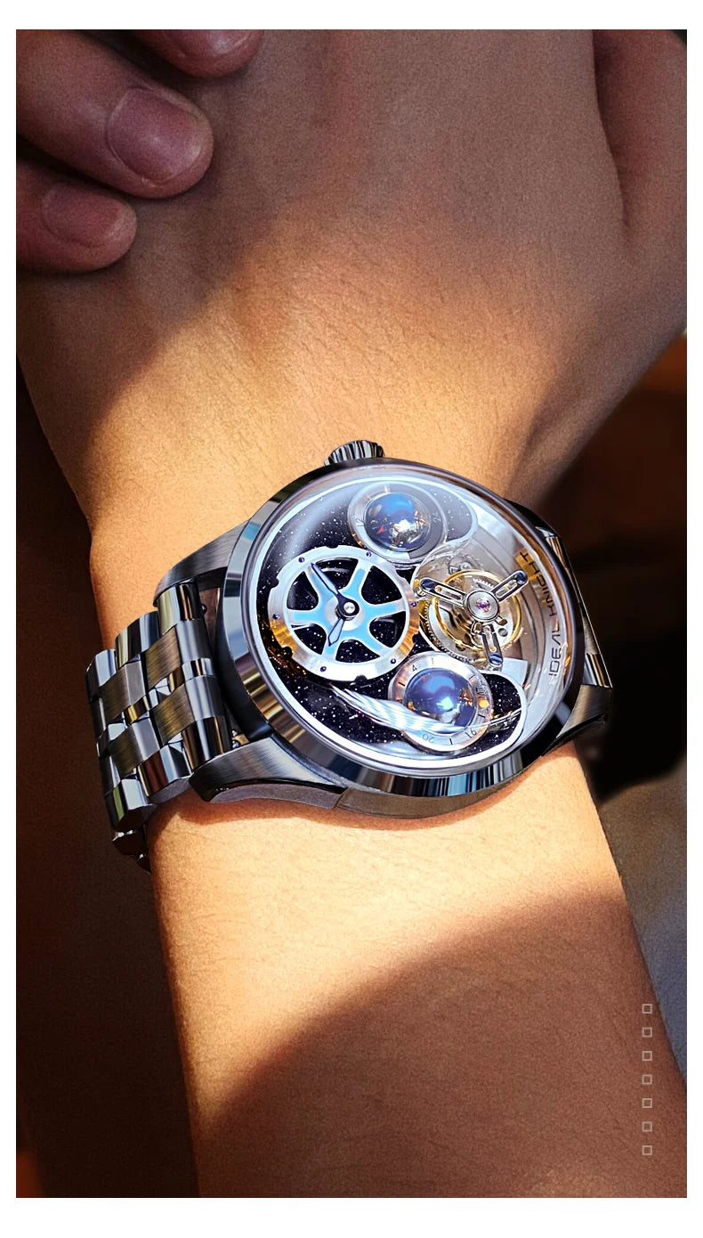 IDEAL KNIGHT Real Tourbillon Automatic Watches for Men 43mm Large Dial Blue Earth Series High-end Luxury Brand Mechanical Watch