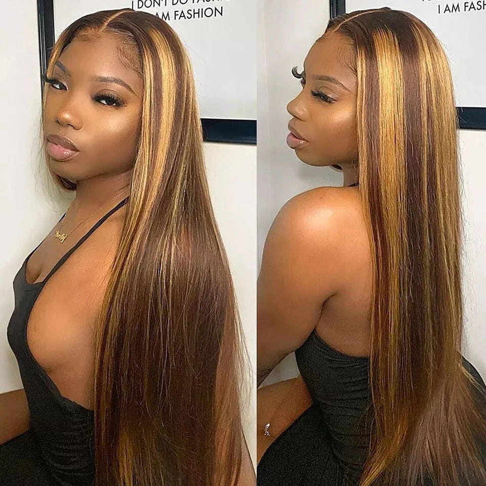 Megeen 13X4 Transparent Lace Frontal Wig Highlight P4/27 Human Hair Honey Blonde Straight Lace Front Wig Colored Ombre Wigs Remy