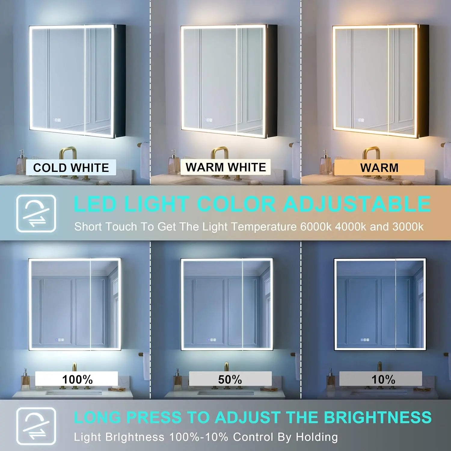 30" X 30" LED Mirrored Medicine Cabinet, Medicine Cabinets with Lights for Bathroom, Defogging Function Mirror, Customized