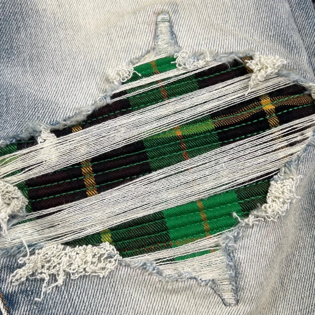discounted men green plaid patch distressed jeans